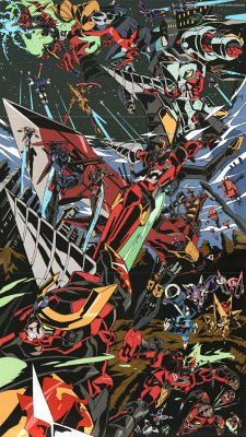 artbooksnat:Awesome illustration by Hiroyuki Imaishi (今石 洋之) from the Tengen Toppa Gurren Lagann Drill Final Drill book. So many evolutions!