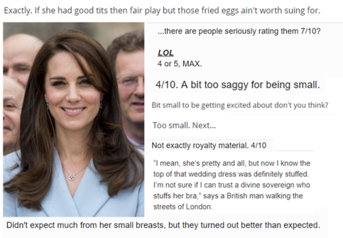 smallboobhumiliation:A selection of comments from forums rating Kate Middleton‘s boobs when they wer