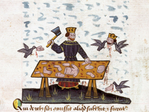 Evil-Merodach cutting his father’s body into 300 pieces, Speculum humanae salvationis, France 