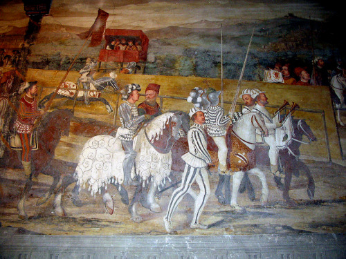 SEries of frescoes by showing Bartolomeo Colleoni giving audience and  hunts and tournaments given f