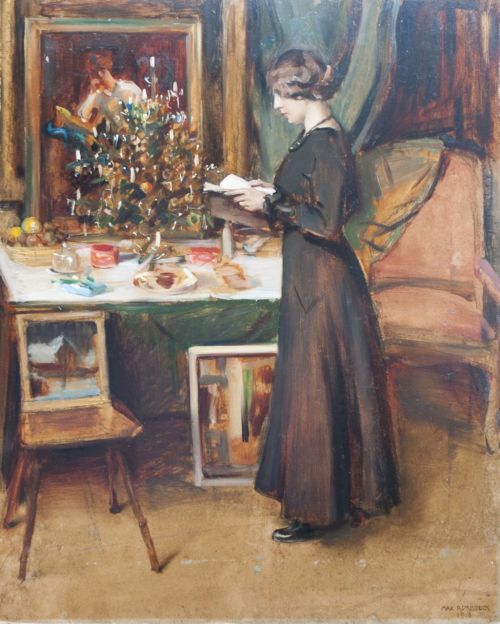 Young Woman by a Christmas Tree  -   Max Rimböck , 1918German, 1890-1956Oil on artist’s board  , 63,