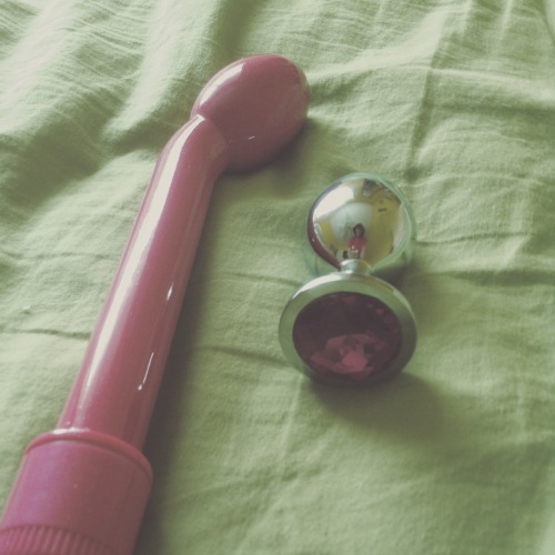 carnalchouette: New vibrator and ‘medium’ jeweled plug that I bought myself for my birthday. Couldn’