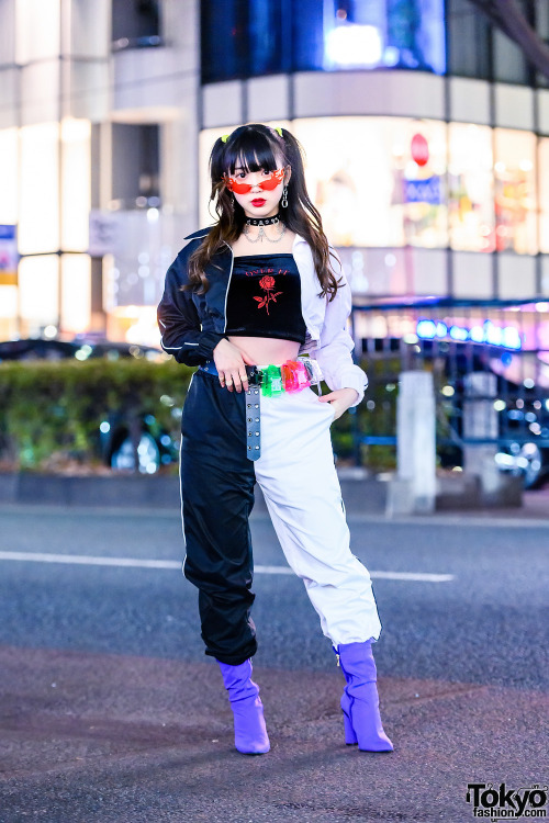 tokyo-fashion:20-year-old Japanese idol Misuru on the street in Harajuku wearing a two-tone setup wi