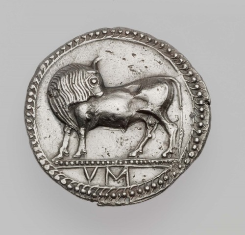 ancientanimalart:Stater of Sybaris with standing bullGreekArchaic Periodabout 525–510 BCEMuseu