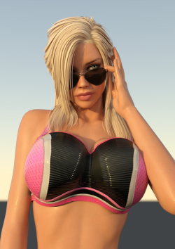 thedude3dx:  Nothing very explicit for you guys today, but Kayla did get a new outfit. Sizzling aviator shades and a black/pink fitness top that’s working overhours to keep her chest in check :D