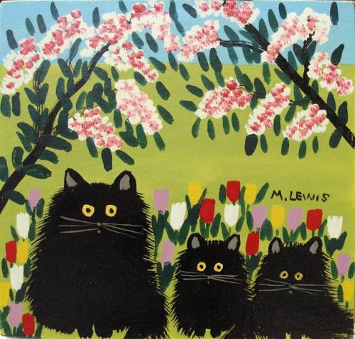 catfood:three black cats painted (over and over) by maud lewis