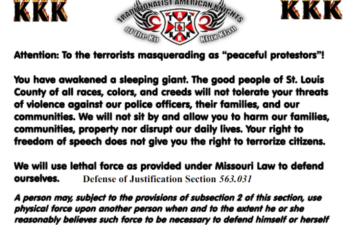fatabulousme:  postracialcomments:  HERES THE VIDEO, PLEASE WATCH  The leader of a Ku Klux Klan group told MSNBC host Chris Hayes on Wednesday that St. Louis-area residents have supported their campaign threatening to use “lethal force” against protesters