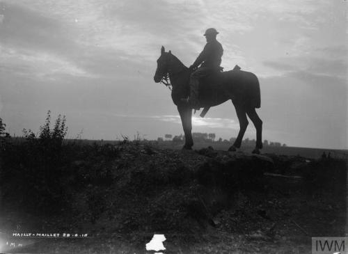 A British mounted sentry outside Cafe Jordan, Mailly Maillet, 28th June 1916.