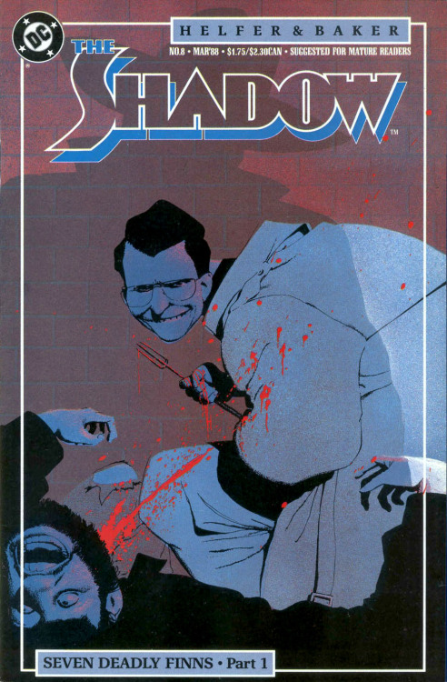 comicartistevolution:Kyle Baker 1988: The Shadow #8-13 covers (Seven Deadly Finns)After Bill Sienkie