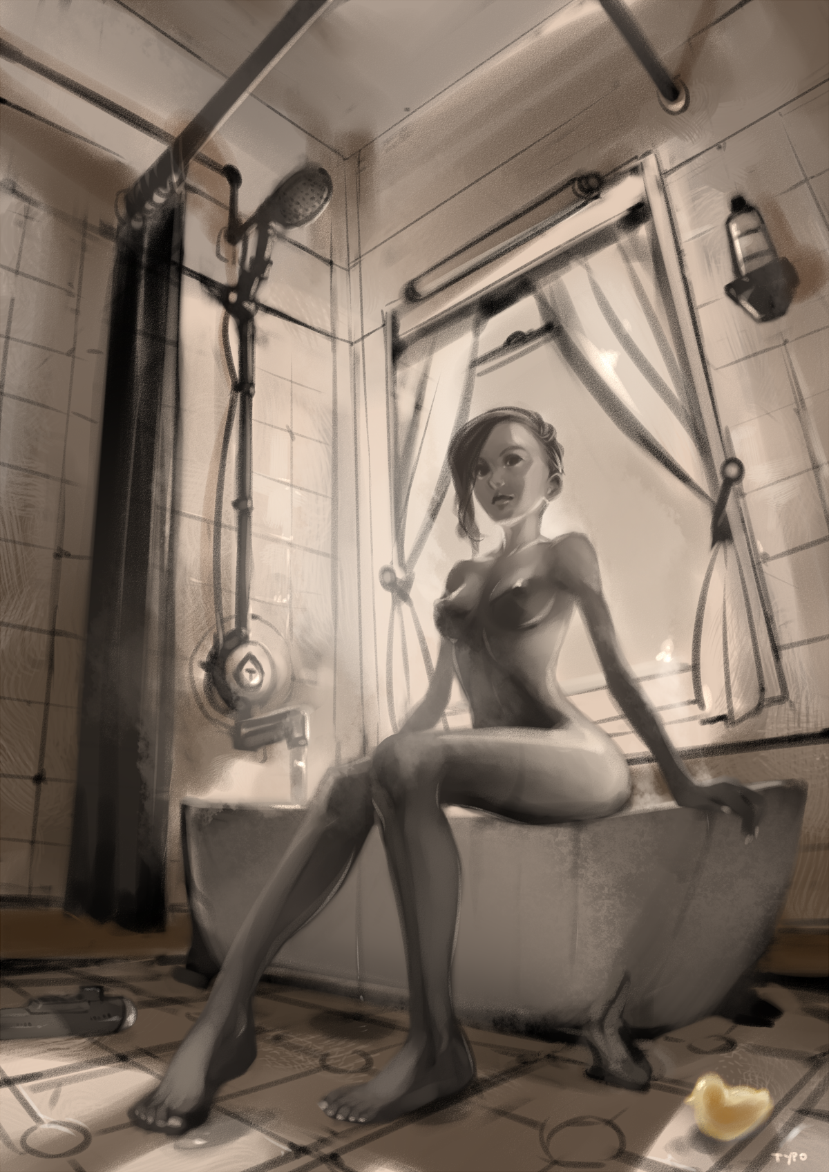 requiemdusk:  After and before doodle playing with 3 point perspective, steamy bath