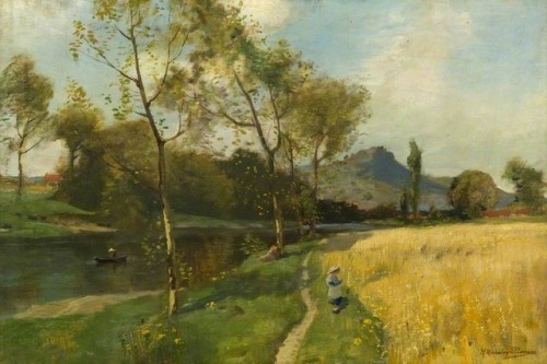 Robert Macaulay Stevenson (1854 - 1952) - By the River, Harvest Time. Oil on canvas.