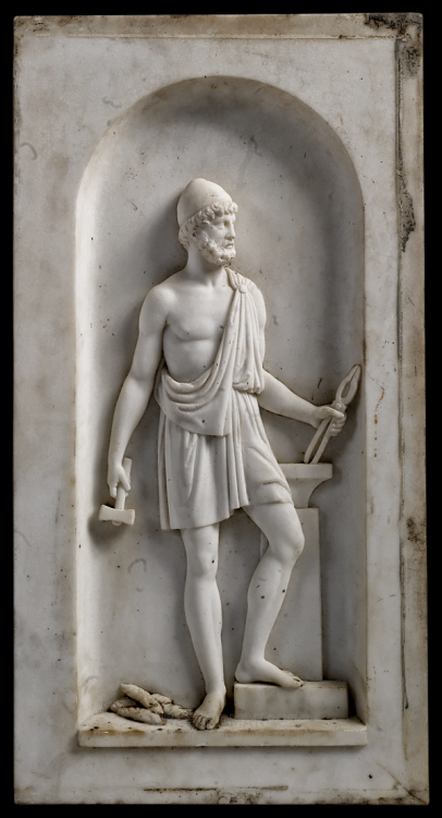 greekromangods:Panel with HephaestusItalian; Mid-19th centuryWhite marble** Visit my Links page for 