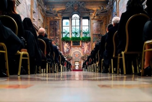 Pope Francis speaks during an audience with members of the Diplomatic Corps accredited to the Holy S