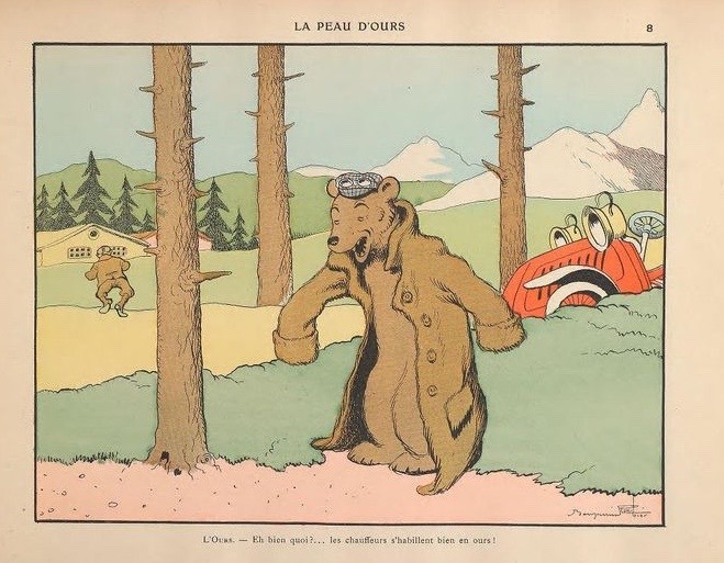nemfrog:  The bear says, “I say, what. These car drivers dress well in bear skin.”
