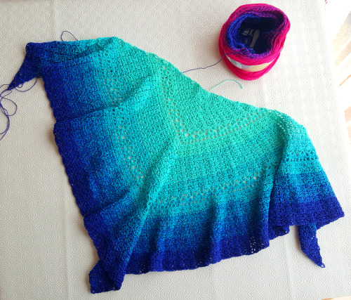 nesting-tendencies:WIP er… Sunday - The Aqua ShawlI think the colours turned out to be gorgeous! For