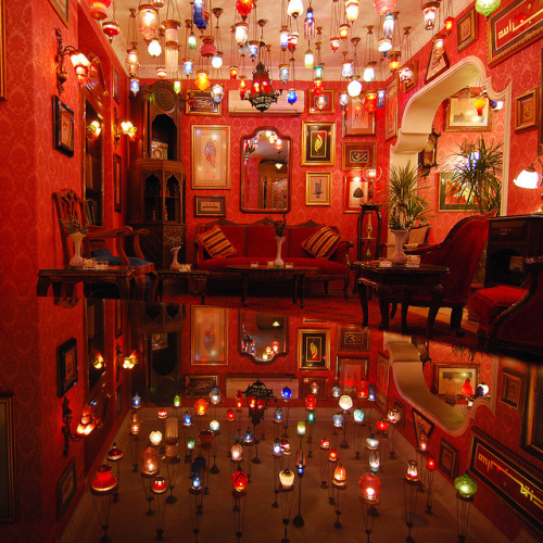 Coloured glass lamps at Kybele Cafe in Istanbul, Turkey (by Thomas Roland).