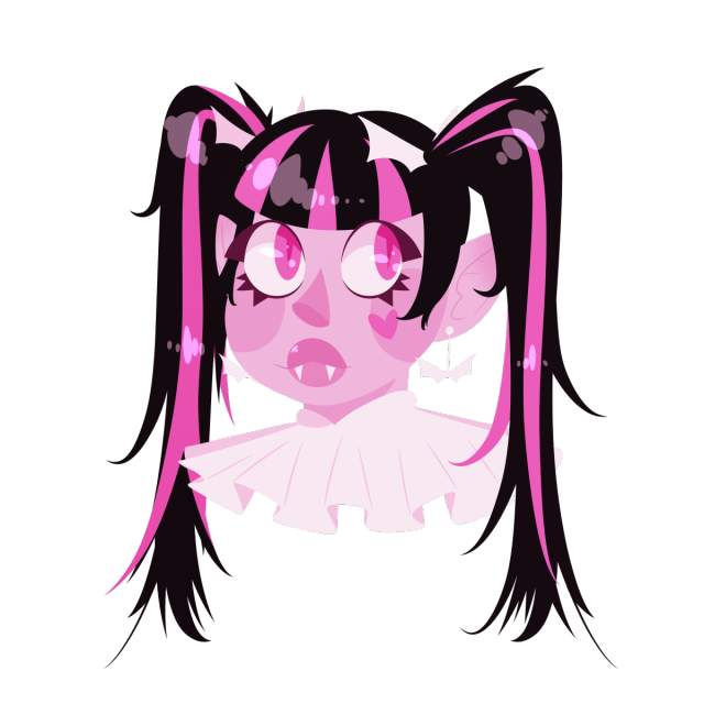 a lineless digital bust drawing of Draculaura, a vampire girl with long black pigtails streaked with pink and pink eyes. she is smiling slightly