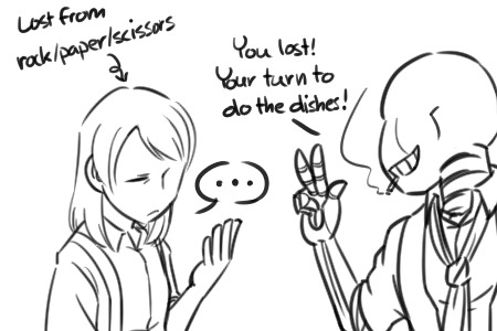 nyublackneko:  I was inspired by another Korean artist in this WHAT IF scenario where Crowbar G!Sans and Kitten are forced to become roommates (since it’s a crossover and they’re waiting for their respective Frisk/Gs to switch back).I imagine the