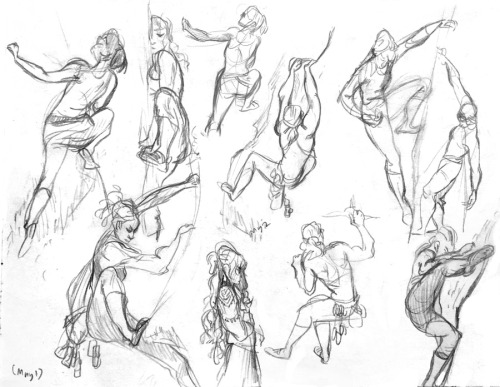 erysium:  Recent photo studies! I started rock climbing again this summer(which is still the best thing I’ve ever done for my hand pain) and also realized that climbing pics make terrific figure studies! Really dynamic, but weighty/solid-feeling poses