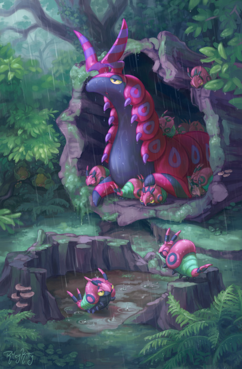  It’s a rainy day for scolipede and her little ones. Working on this piece last summer for @bu