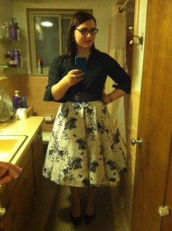 alittlesophisticated:  So, this is me.Please excuse the awful lighting and fuzzy camera quality (I have an older phone), as well as the messy bathroom. I’ll try to get a better photo posted soon.Yes, I dress like a 1950s housewife, including pearls,