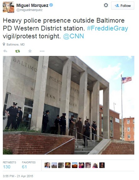 iwriteaboutfeminism:  About 1,000 protesters gathered in Baltimore to march for justice for Freddie Gray, who died earlier this week after he suffered a severed spine and crushed voice box while in police custody. Tuesday, April 21st.Part One[Part Two]