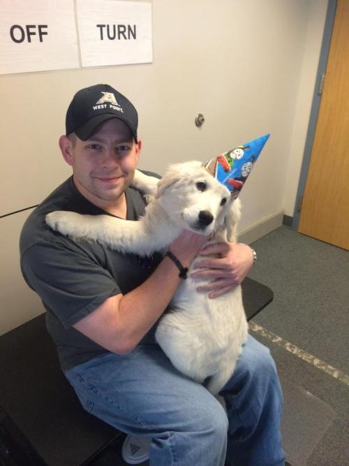 James, service pup in training, celebrating his birthday with his warrior trainer at Warrior Canine 