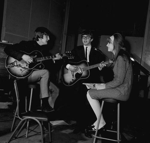 the60sbazaar: Jane Asher with brother Peter and John Lennon Peter &amp; Gordon recording session