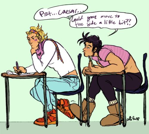 queen-alifa:   random word prompt: exam  large people in tiny furniture lmao??? how Caesar is sitting is how I sit in class haha 