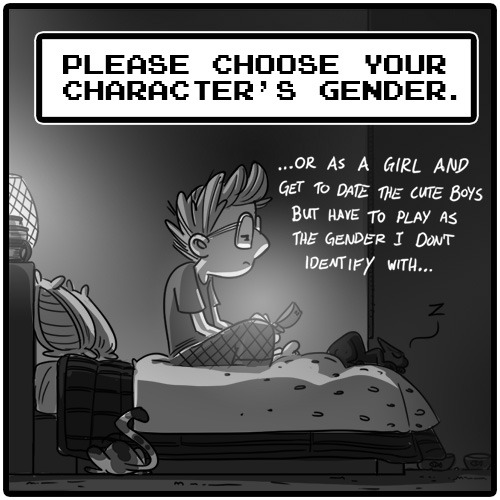 khubleesi:  mycaffeinatedlife:  nateswinehart:  gaymer life  I still choose male… but to be fair I don’t play the games where you are forced to date people.  Even a single guy can adopt in the Sims.  I don’t think Rune Factory 4 forces you to date