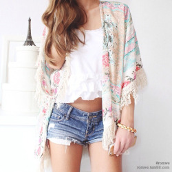 romwe:  Tassels Floral Print Loose Kimono