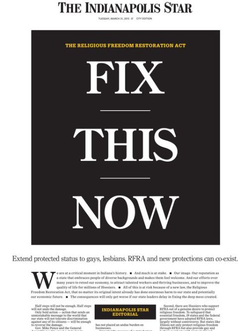 The front page of today’s Indianapolis Star“Laws protecting sexual orientation and gender identity a