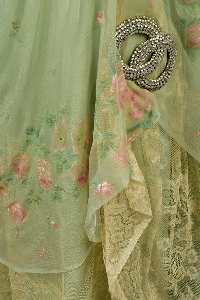 historicaldress:JEANNE HALLEE PAINT DECORATED GOWN, EARLY 20th CMint green silk having an overlay of