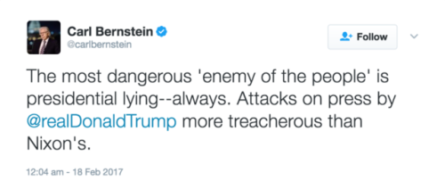 shadowcreature:  trollitics:  Reactions to Donald Trump labelling news media “the enemy of the American people” from:  David Axelrod, former adviser to President Barack Obama Carl Bernstein, investigative journalist and author who covered the Watergate