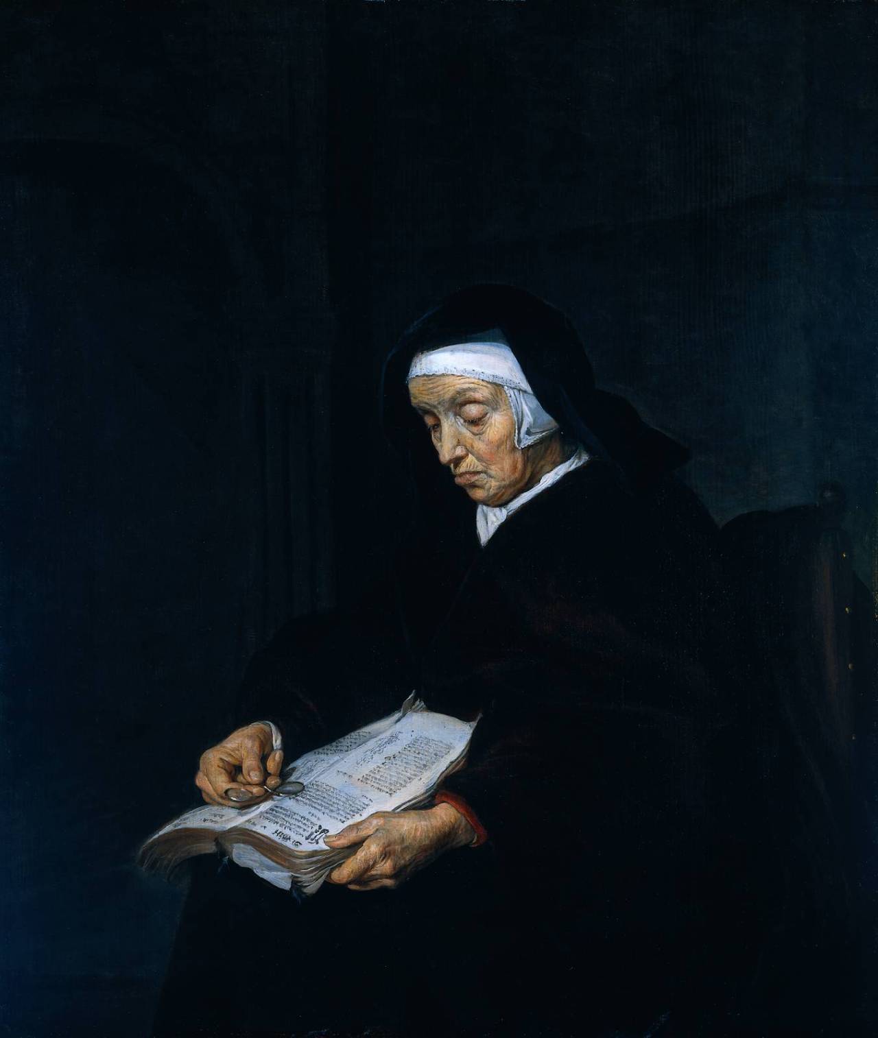 Gabriel Metsu (Leiden 1629 - Amsterdam 1667), Old woman meditating, 1662, oil on