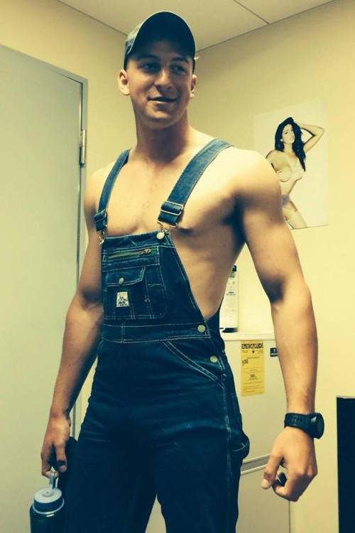 Porn Pics sexy-lads:  Shirtless worker in overall 
