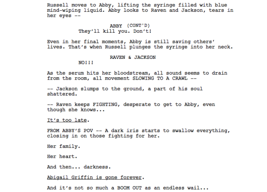 Hi everyone!  Hope you enjoyed Episode 12, written by Kim Shumway and directed by Antonio Negret.  First, we have Abby’s unforgettable farewell.