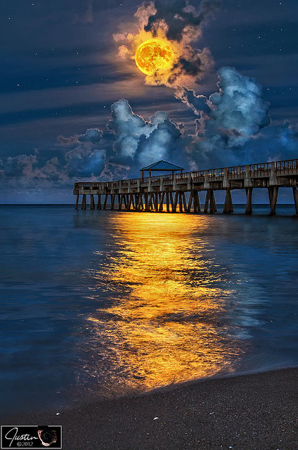 dmans-beauty: coiour-my-world:  Full Harvest Moon over Juno Beach Pier by HDRcustoms (very busy) on 