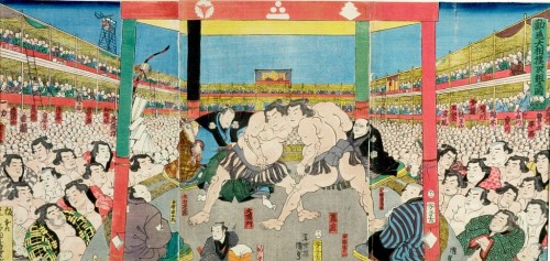 Triptych: Sumō Wrestling Tournament (Kanzin ōsumō torikumi no zu), Utagawa Kunisada, Late Edo period