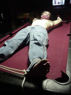 tickledandtortured:  Pool table bondage (From