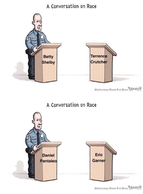 icedriveway:  odinsblog: Kinda seems like a one sided conversation, doesn’t it? I’m tired of “conversations on race” whenever another innocent, unarmed black person is executed by the police. They’re as perfunctory as they are repetitive.  