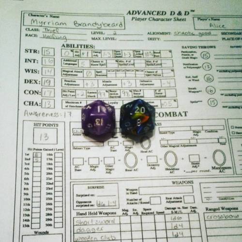 Myrriam Brandybeard, 2nd level Halfling Rogue. #adnd #advanceddungeonsanddragons #dungeonselfie #dungeonsanddragons #dnd #halfling #hobbit #nerd #geek #nerdcore #geekgoddess #games #gamer #charactersheet #THACO #rollinitiative