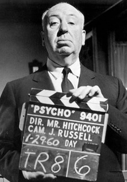 theswinginsixties:  Alfred Hitchcock on the set of ‘Psycho’, 1960.  I fucking hated this movie. I still can&rsquo;t take a shower without thinking about this movie. And it&rsquo;s been 3 years.