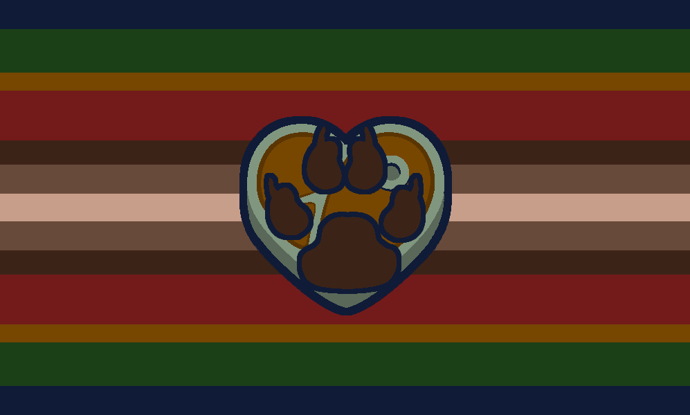 colors in this order starting from the top and reflected after the last listed color: dark blue, forest green, mustard yellow, red, dark brown, light brown, and cream . in the center of the flag is a heart shaped piece of meat with yellow and green flesh, and inside that is a brown paw with a dark blue outline.