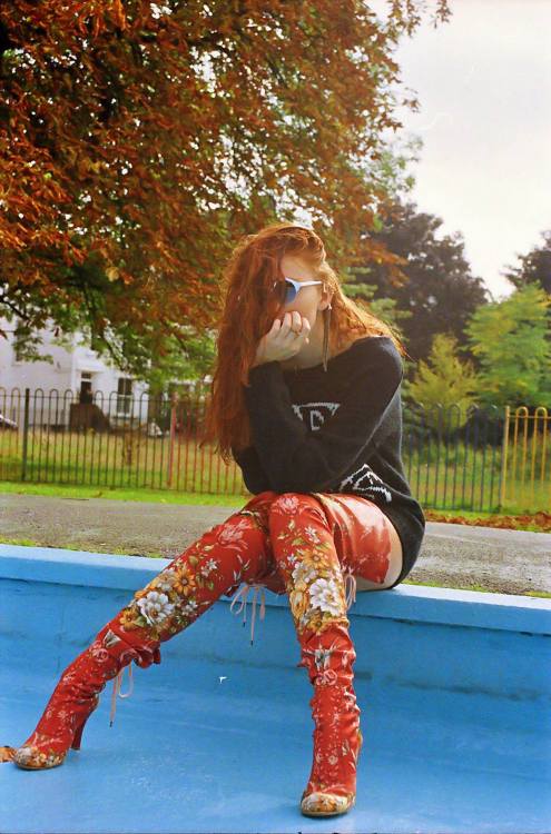 Red embroidered thigh-high boots by MaryMe-JimmyPaul in C-Heads Magazine. Styled by Louis 