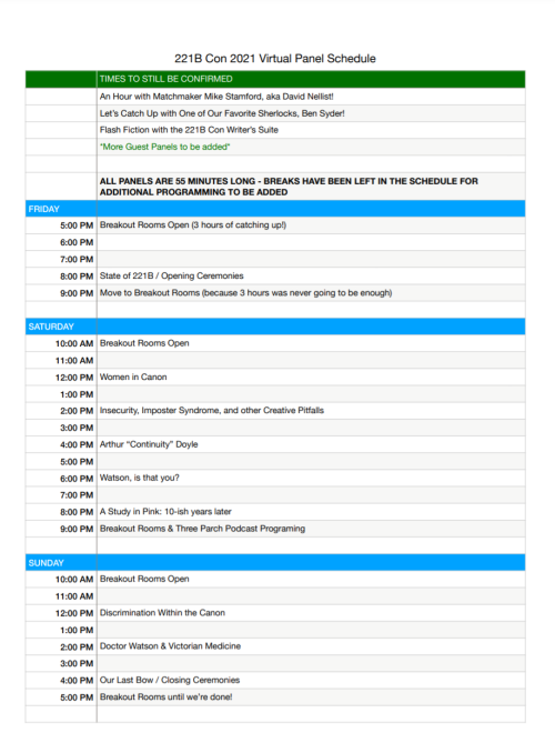 221bcon:Hello Bees! The 2021 Virtual Schedule is here! Looking forward to seeing you Saturday night!