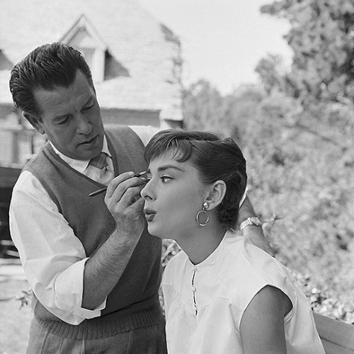 Audrey Hepburn getting her make up done on the set of Sabrina (1954). Photos by Mark Shaw 