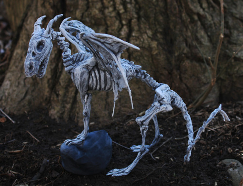 Demon dragon skeleton named Kimaris, a one of a kind polymer clay sculpture. He is for sale on etsy 