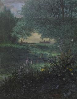 suonko:Léon Bonvin - Fisherman on a Pond with Willow Trees - Walters