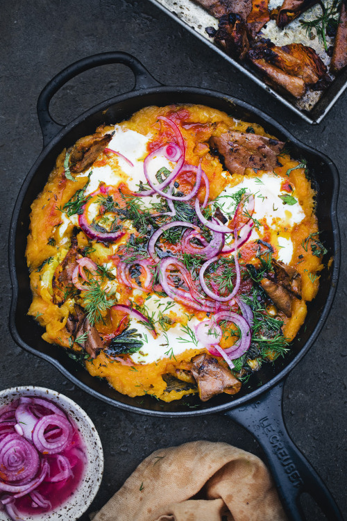 Sweet Potato Shakshuka with Sriracha Butter and Pickled Onions